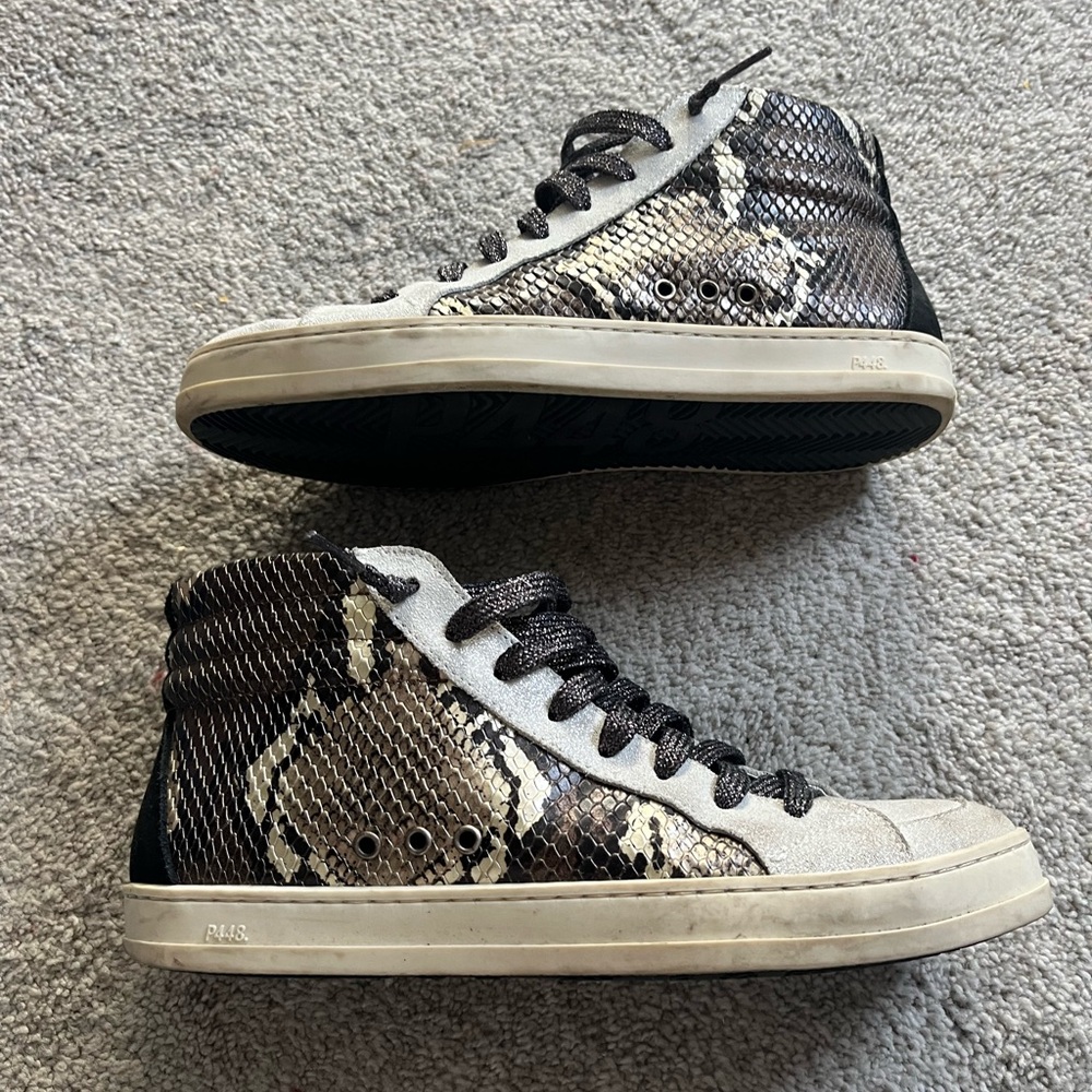 P448 Gray w/ Snake Print Sneakers, Women’s 38 (7.5) High Tops, Inner Zip, Padded